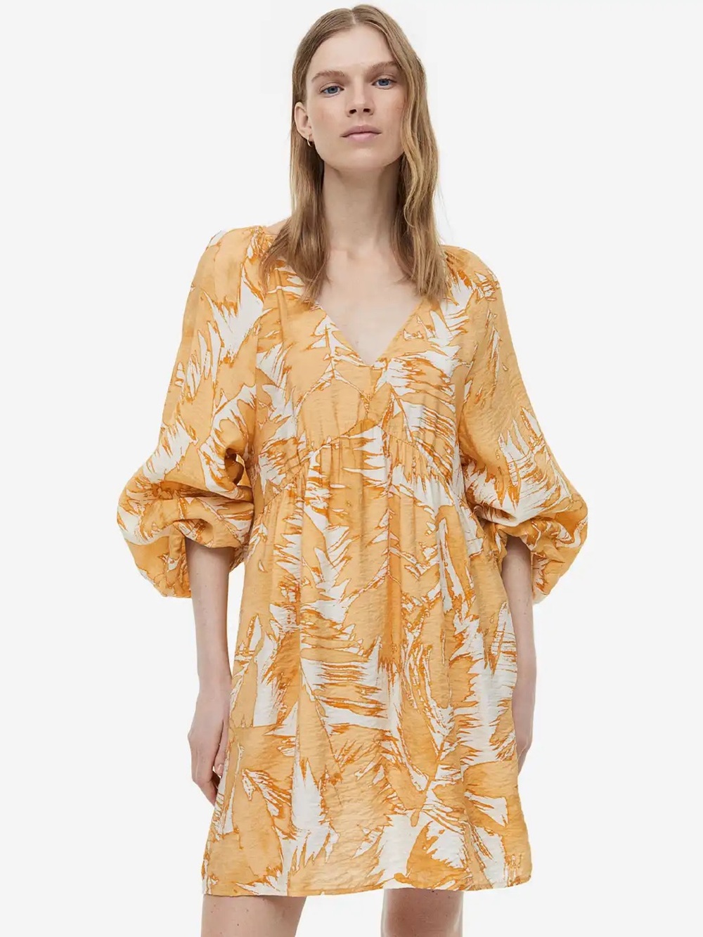 H&M Tropical V Neck Yellow Floral Tunic Dress Womens Size Small Beach Boho